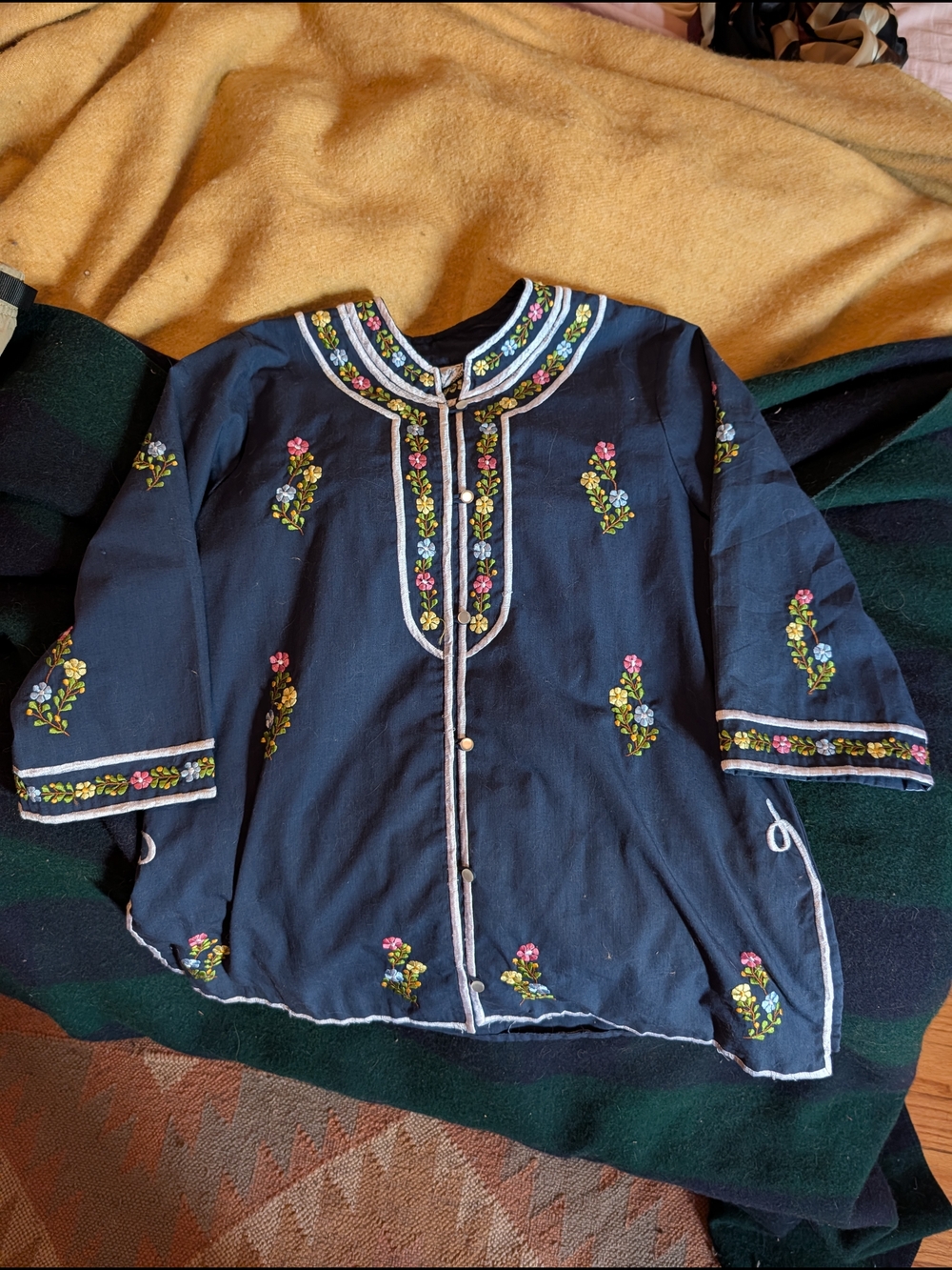 Leandra Embroidered Navy Jacket with Floral Trim